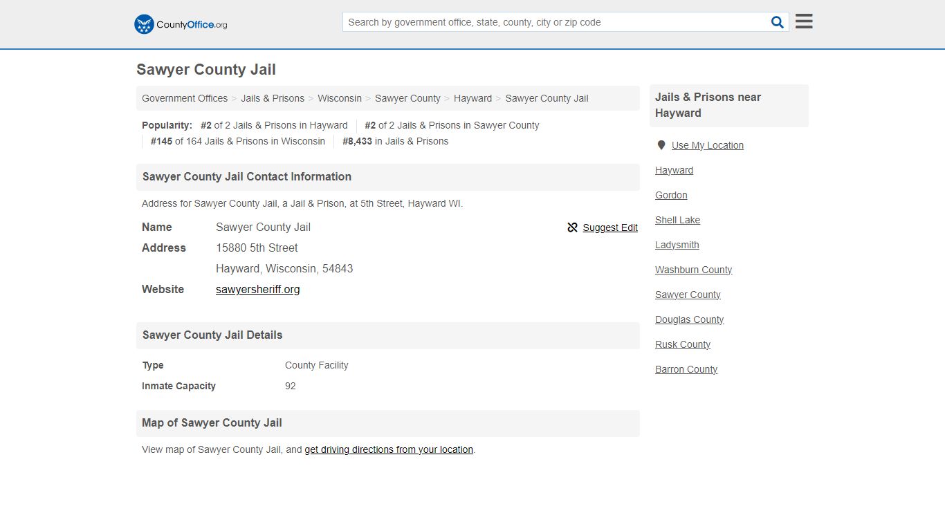 Sawyer County Jail - Hayward, WI (Address) - County Office