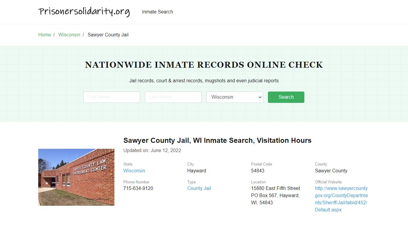 Sawyer County Jail, WI Inmate Search, Visitation Hours