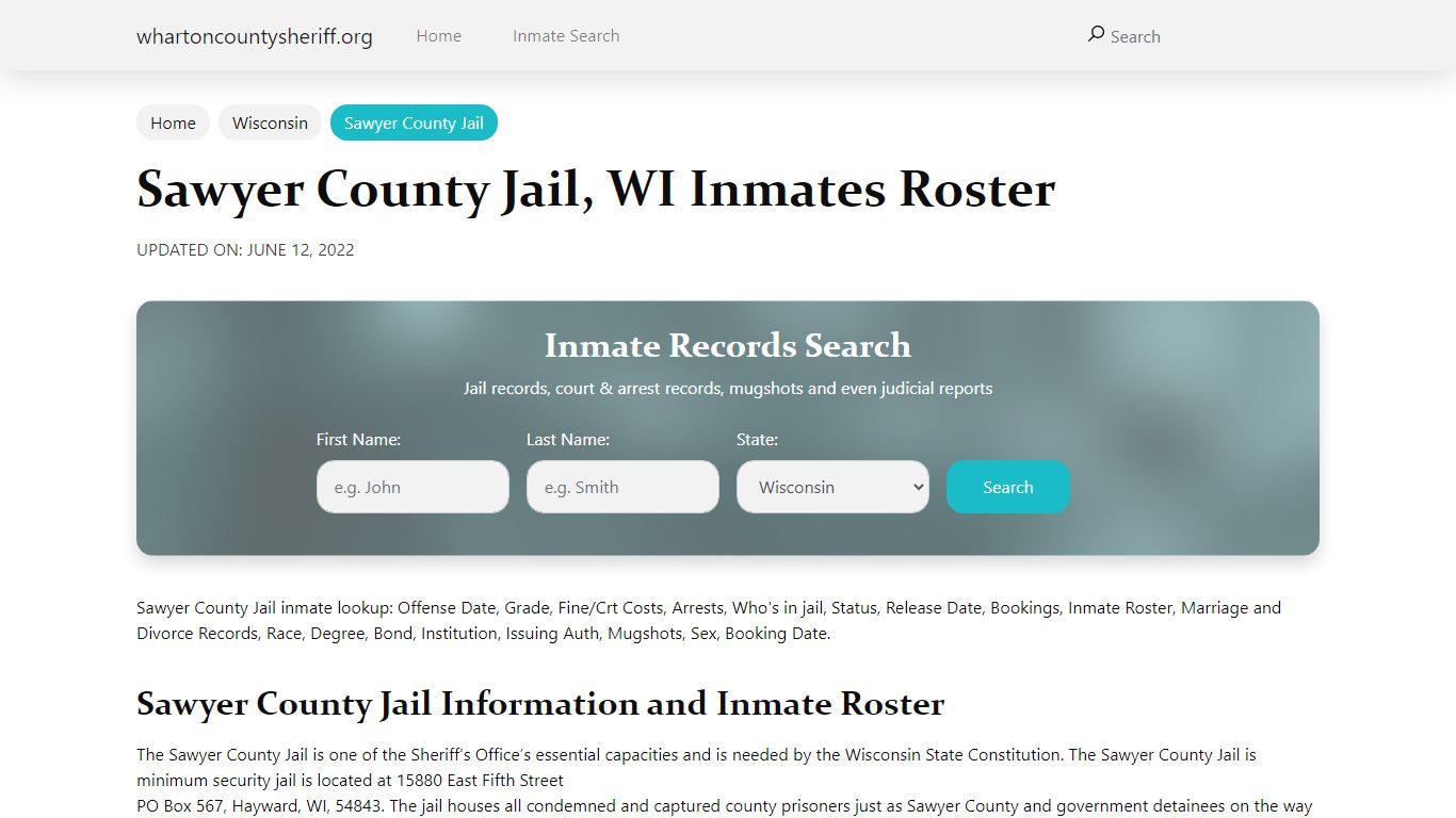 Sawyer County Jail, WI Jail Roster, Name Search - Wharton County Sheriff